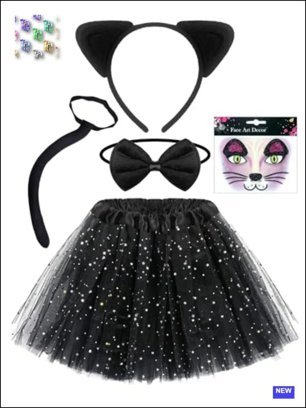 Kids Black Cat Halloween Costume Set with Ears, Tail, Skirt, Bow Tie
